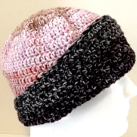 Colorful Pink Black Beanie Multicolor Cap Roll Hat Handmade Crochet USA Size M - Picture 2 of 6